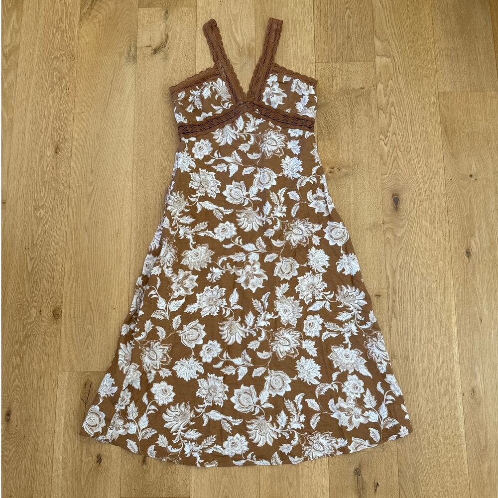 Loft Midi Dress Lace Trim Floral Size 6 Brown White